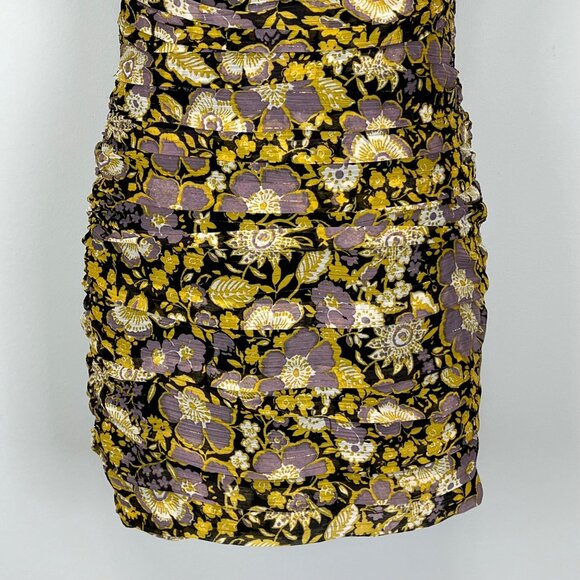 Zara Womens One Shoulder Floral Ruched Bodycon Mini Dress Yellow Purple Small - Picture 5 of 12